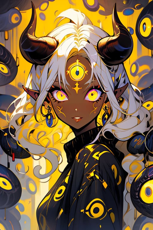 (masterpiece), , (best quality)

1girl, solo, long hair, looking at viewer, blonde hair, jewelry, closed mouth, yellow eyes, upper body, white hair, earrings, parted lips, horns, pointy ears, dark skin, sweater, dark-skinned female, third eye, portrait, tentacles, eyeball, extra eyes