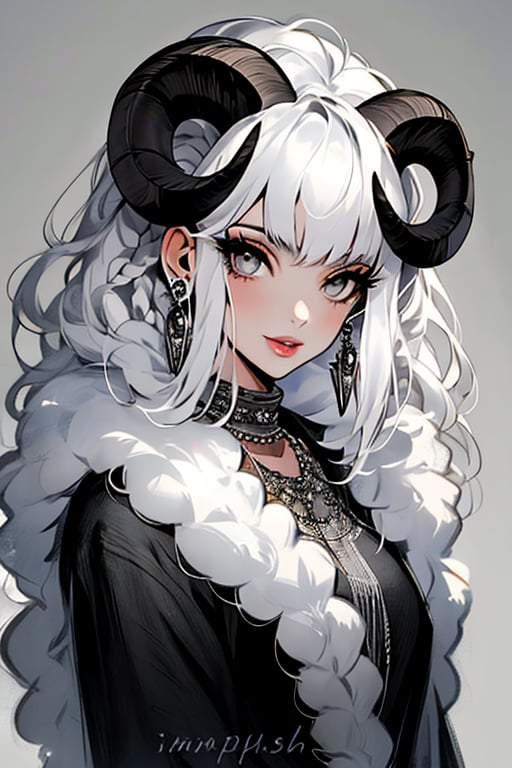 (masterpiece), , (best quality)

1girl, solo, long hair, looking at viewer, jewelry, upper body, braid, white hair, earrings, horns, necklace, lips, grey eyes, eyelashes, hair over shoulder, sheep horns, sheep girl