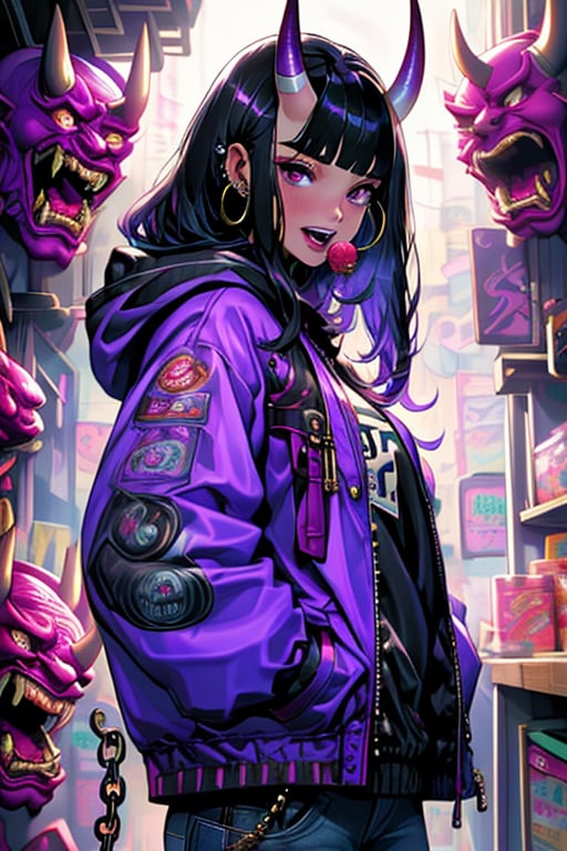 (masterpiece), , (best quality)

1girl, solo, long hair, looking at viewer, black hair, long sleeves, holding, jewelry, purple eyes, jacket, earrings, parted lips, food, horns, teeth, tongue, hood, blunt bangs, bag, nail polish, lips, fingernails, sleeves past wrists, hoodie, chain, piercing, hood down, holding food, ear piercing, candy, black nails, oni horns, hand in pocket, oni, lollipop, hoop earrings, purple jacket, holding candy, demon, holding lollipop