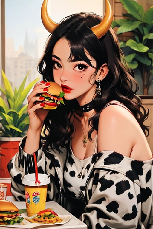 (masterpiece), , (best quality)

1girl, solo, long hair, looking at viewer, blush, black hair, holding, brown eyes, jewelry, jacket, earrings, food, horns, choker, indoors, off shoulder, nail polish, mole, collar, cup, makeup, wavy hair, holding food, plant, animal print, red nails, mole on breast, drinking straw, cow print, red lips, fake horns, burger, year of the ox