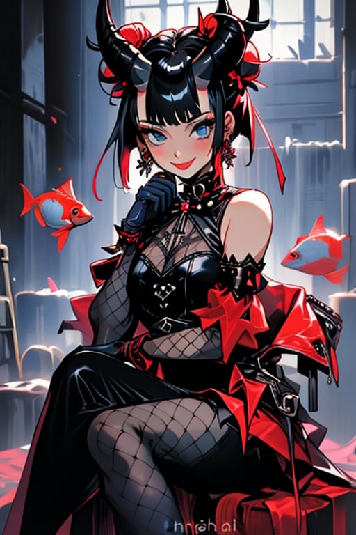 (masterpiece), , (best quality)

1girl, solo, looking at viewer, smile, short hair, gloves, dress, holding, sitting, closed mouth, blue eyes, pantyhose, detached sleeves, black hair, horns, hair bun, black dress, double bun, makeup, fishnets,  black horns, gloves, gothic, black pantyhose