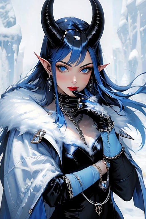 (masterpiece), , (best quality)

1girl, solo, long hair, breasts, looking at viewer, blue eyes, gloves, jewelry, blue hair, upper body, earrings, horns, pointy ears, black gloves, fur trim, chain, ring, snow