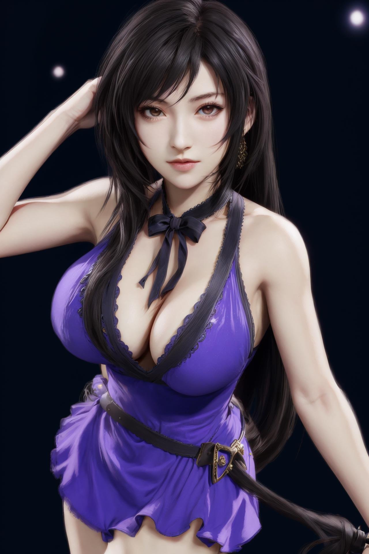 the milky way,1girl,solo,tifa lockhart,long hair,cleavage,large breasts,purple dress,black hair,<lora:好吃米-tifa-v2:0.6>,