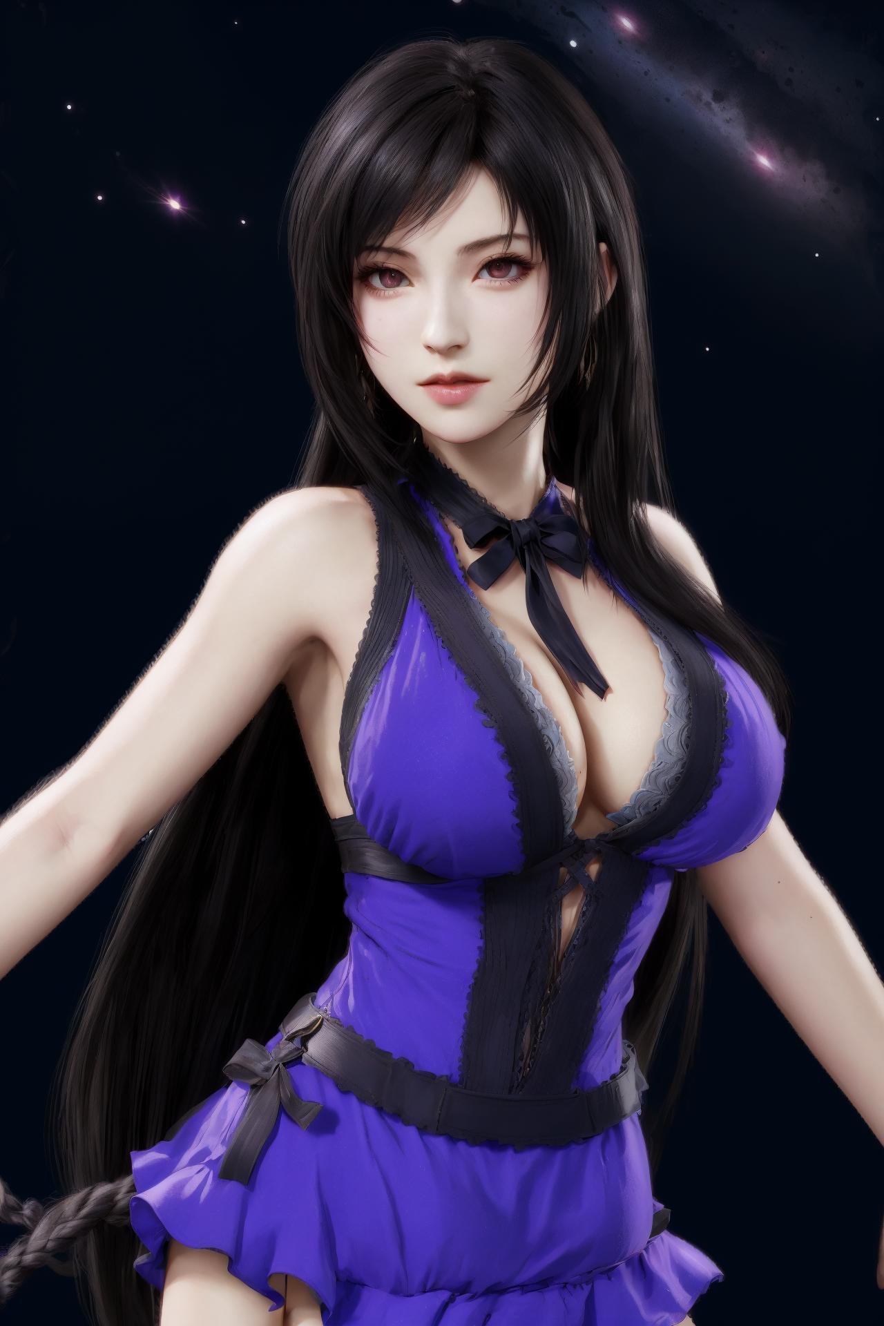 the milky way,1girl,solo,tifa lockhart,long hair,cleavage,large breasts,purple dress,black hair,<lora:好吃米-tifa-v2:0.6>,