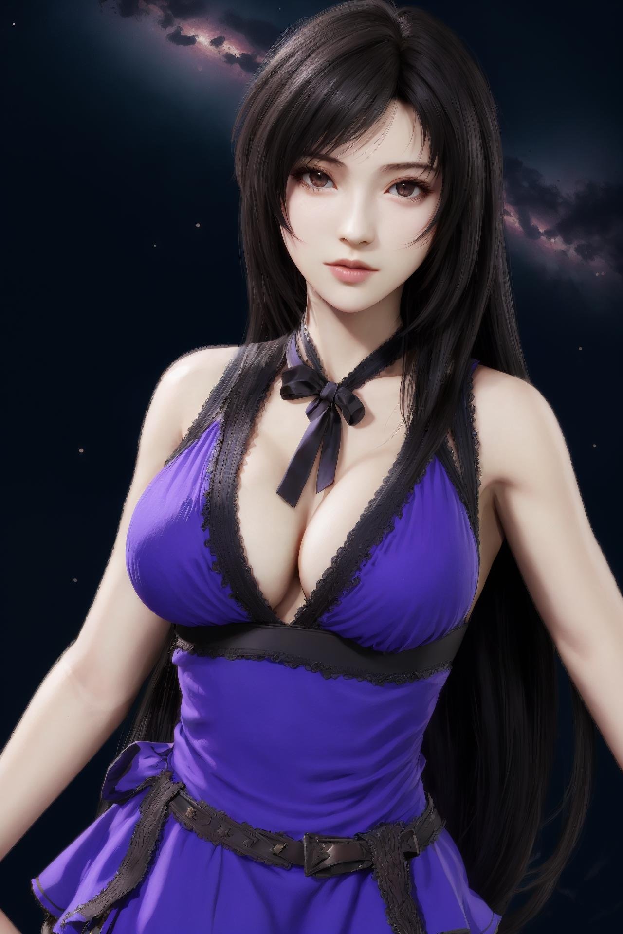 the milky way,1girl,solo,tifa lockhart,long hair,cleavage,large breasts,purple dress,black hair,<lora:好吃米-tifa-v2:0.6>,