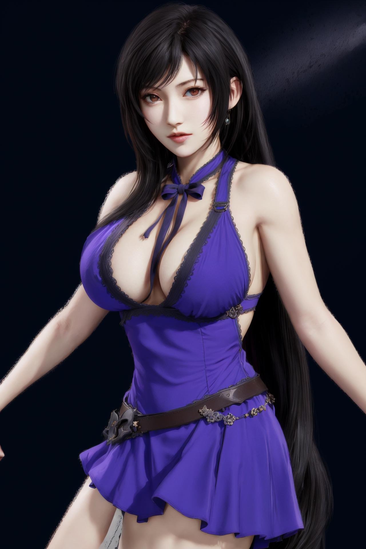 the milky way,1girl,solo,tifa lockhart,long hair,cleavage,large breasts,purple dress,black hair,<lora:好吃米-tifa-v2:0.6>,