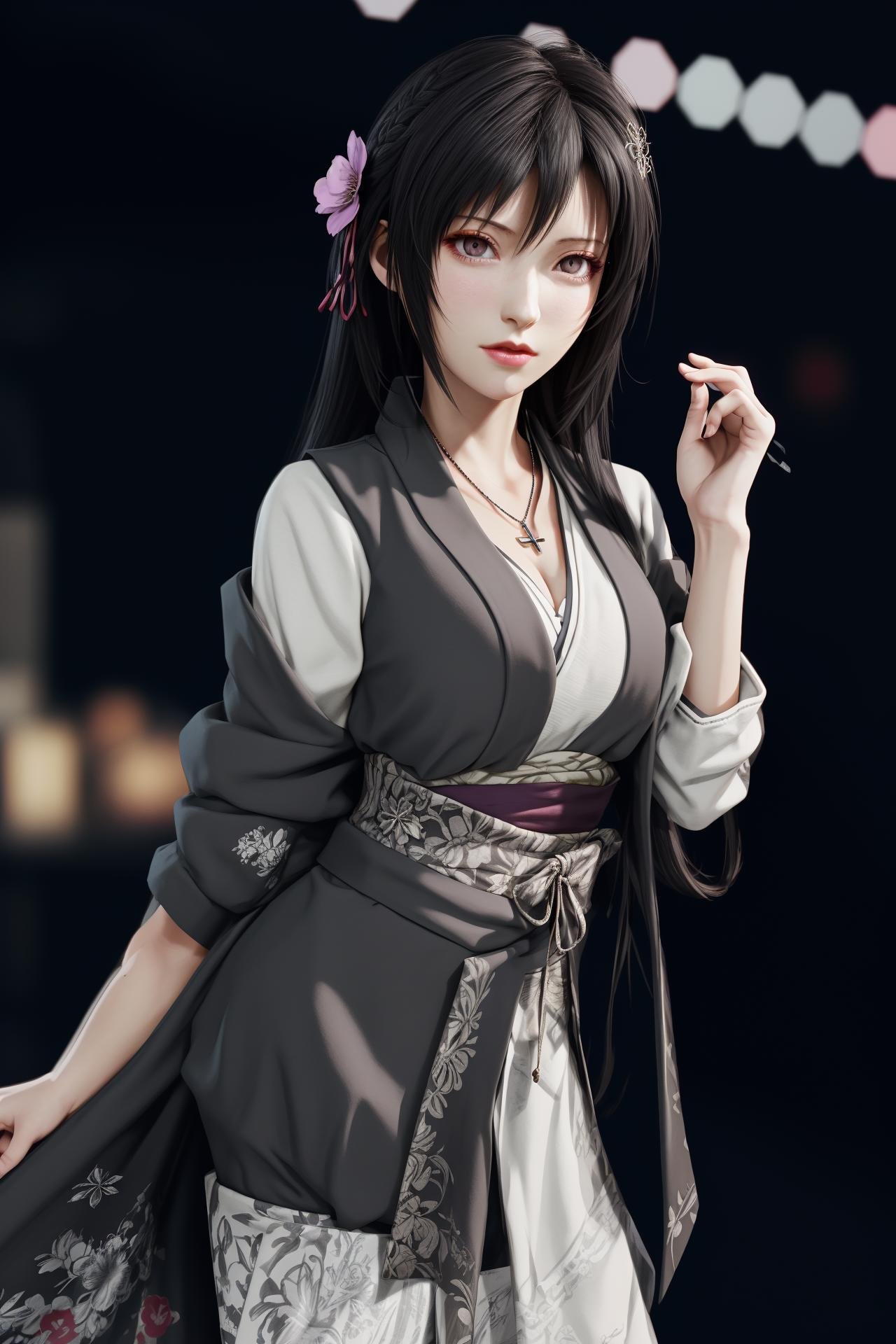 1girl,hair ornament,grey_kimono,tifa lockhart,<lora:好吃米-tifa-v3:0.6>,