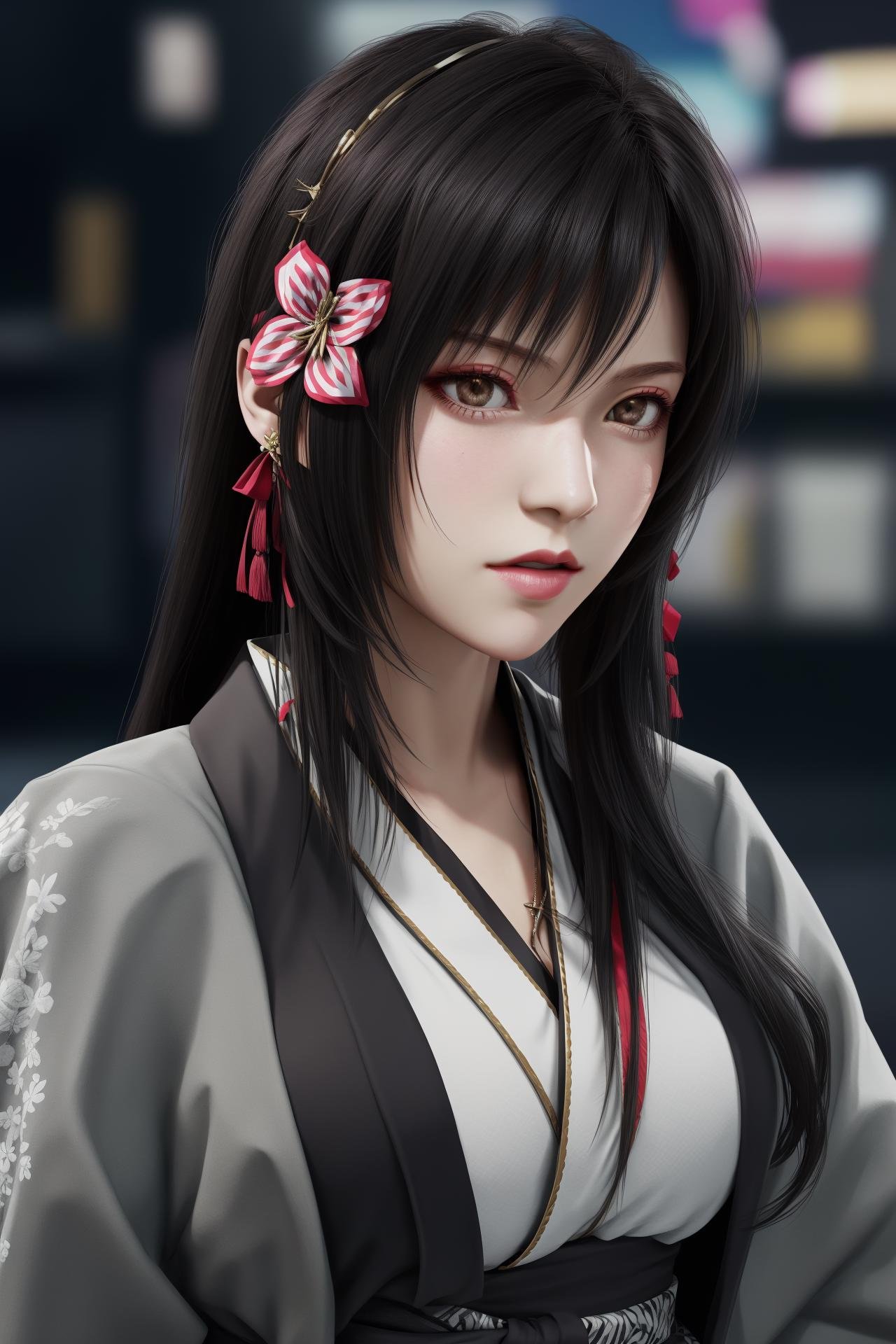 1girl,hair ornament,grey_kimono,tifa lockhart,<lora:好吃米-tifa-v3:0.6>,