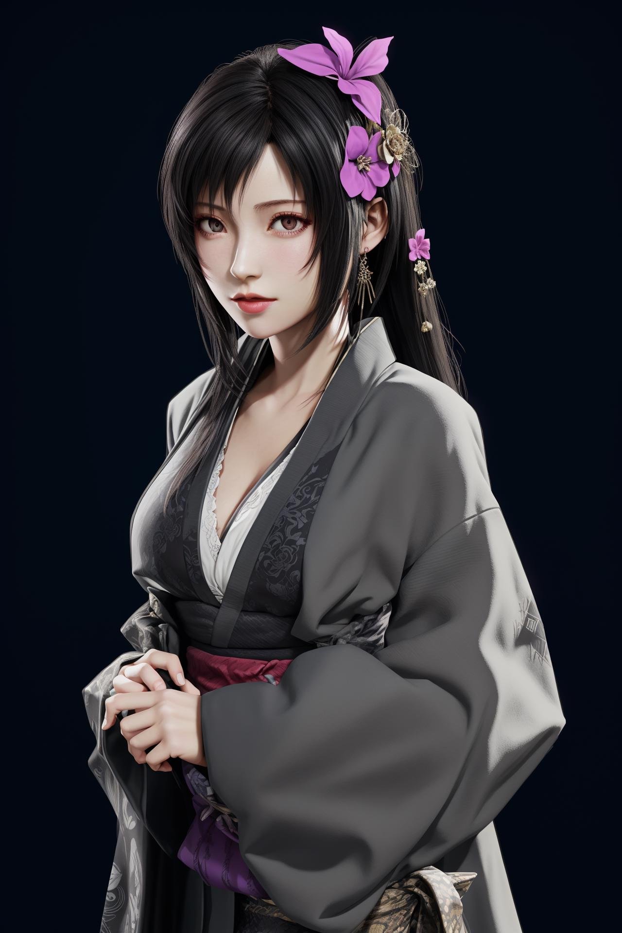 1girl,hair ornament,grey_kimono,tifa lockhart,<lora:好吃米-tifa-v3:0.6>,