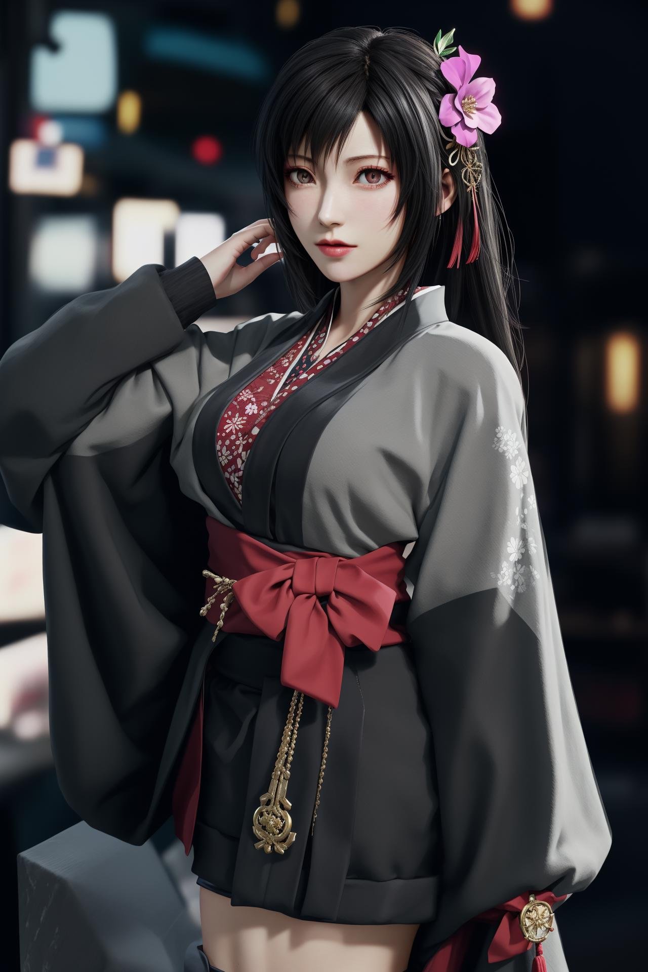 1girl,hair ornament,grey_kimono,tifa lockhart,<lora:好吃米-tifa-v3:0.6>,