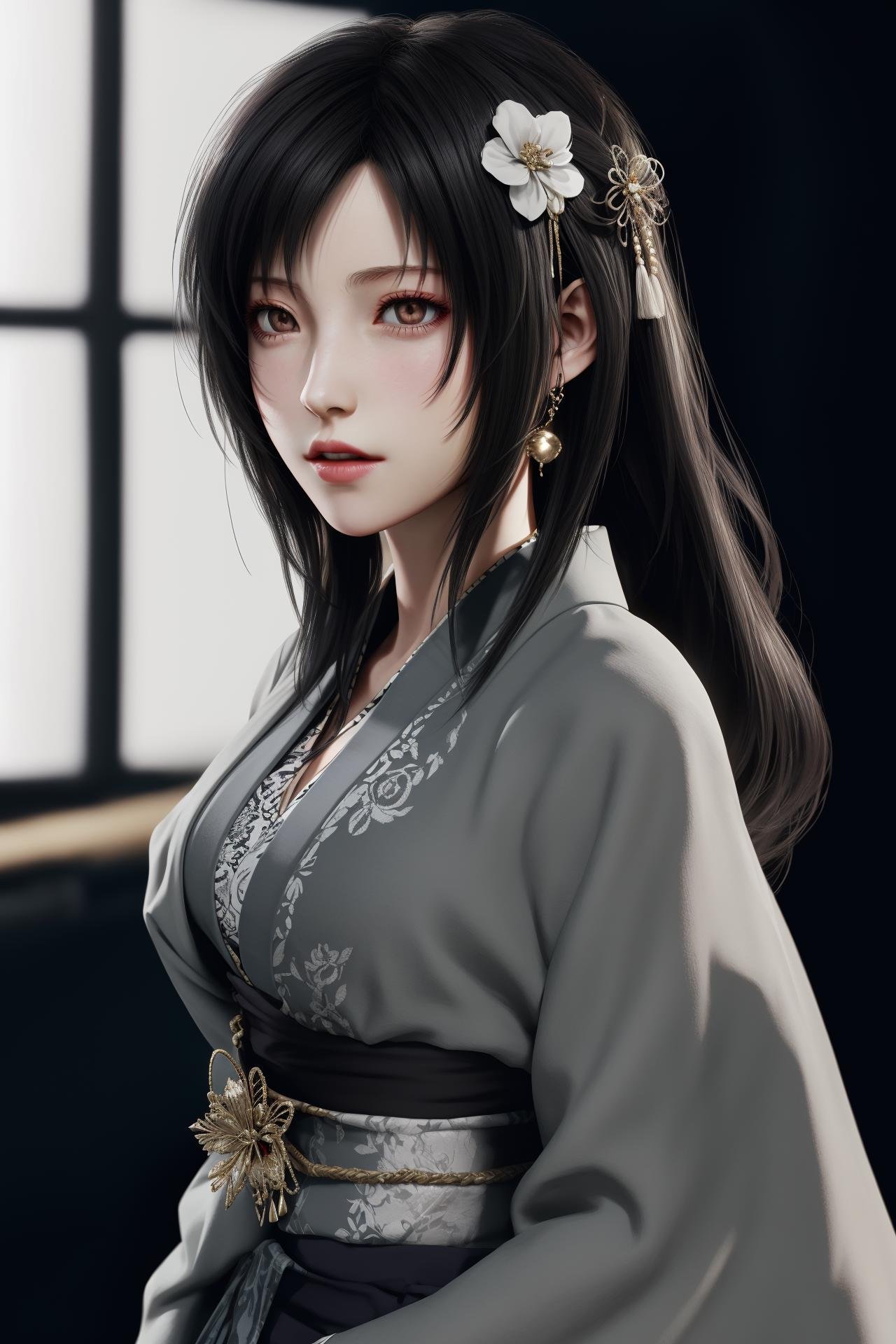 1girl,hair ornament,grey_kimono,tifa lockhart,<lora:好吃米-tifa-v3:0.6>,