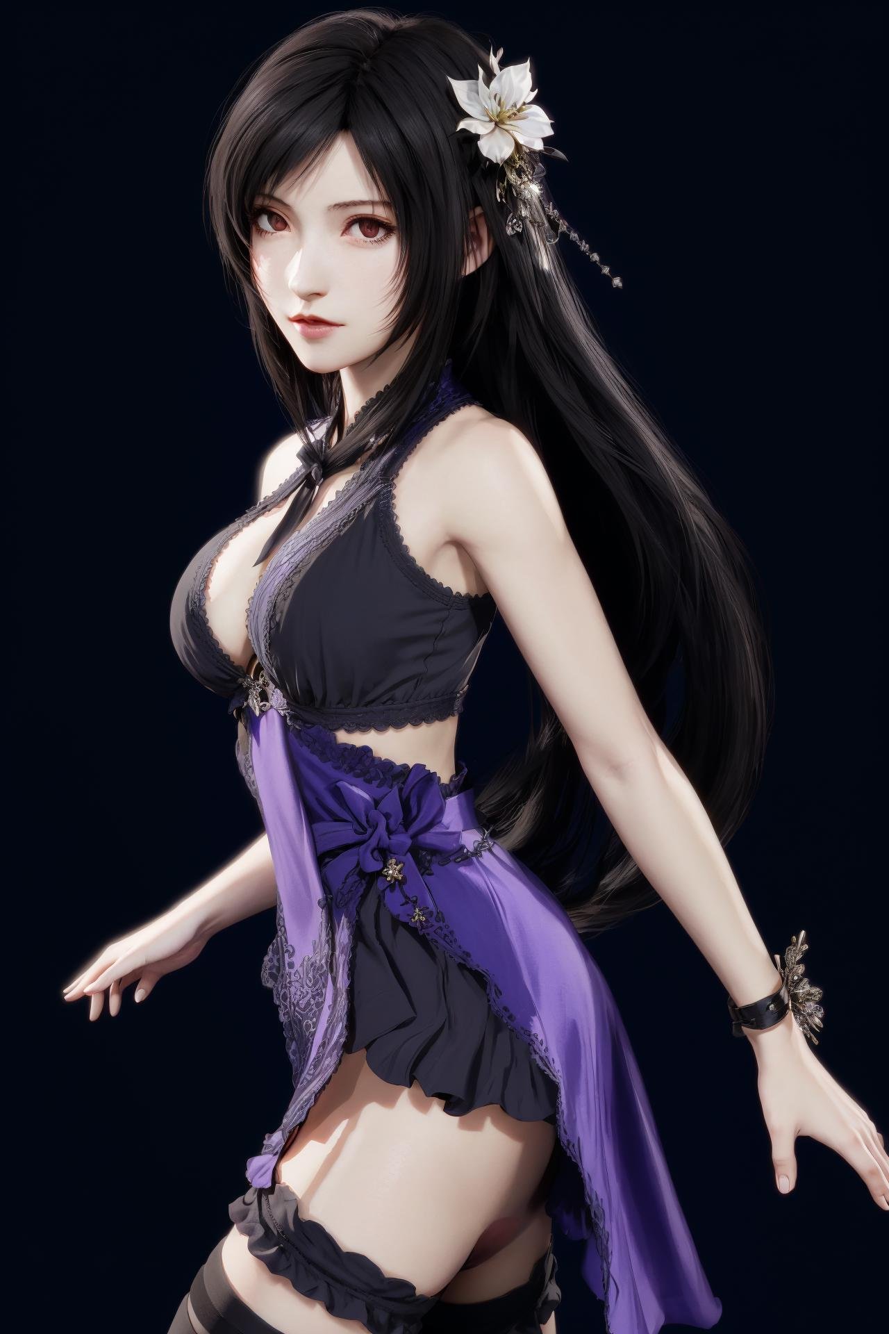 1girl,tifa lockhart,solo,hair ornament,hair flower,thighhighs,grey kimono,black hair,black thighhighs,long hair,short grey kimono,wide sleeves,<lora:好吃米-tifa:0.65>,