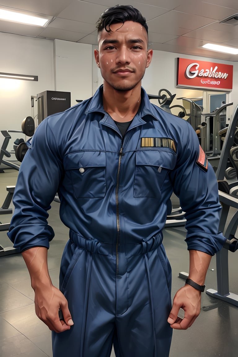 professional photo of  syahnk , In the style of (Leonardo Da Vinci), 1950s gasstation, bodybuilder mechanic , jumpsuit ,photorealistic,army hairstyles, dark skinned male,sweating_profusely, workout, oiled skin, ,Syawn