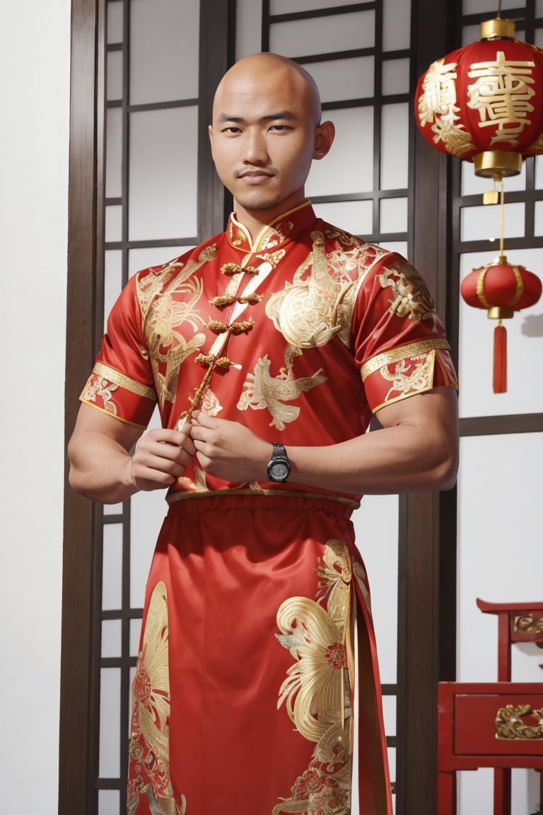 Masterpiece,Full body,Muscular 20years old,  (Chinese new year outfit) (open), at a Chinese new year party, , realistic, masterpiece, intricate details, detailed background, depth of field, ,photorealistic,  syahnk, dark tanned  skin, military hairstyles, fireworks in sky,bald,  ,syahnk