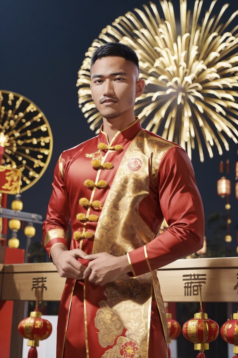 Masterpiece,Full body,Muscular 20years old,  (Golden Chinese new year outfit) (open), at a Chinese new year party, , realistic, masterpiece, intricate details, detailed background, depth of field, ,photorealistic,  syahnk, dark tanned  skin, military hairstyles, fireworks in sky,bald,  ,syahnk,Syawn