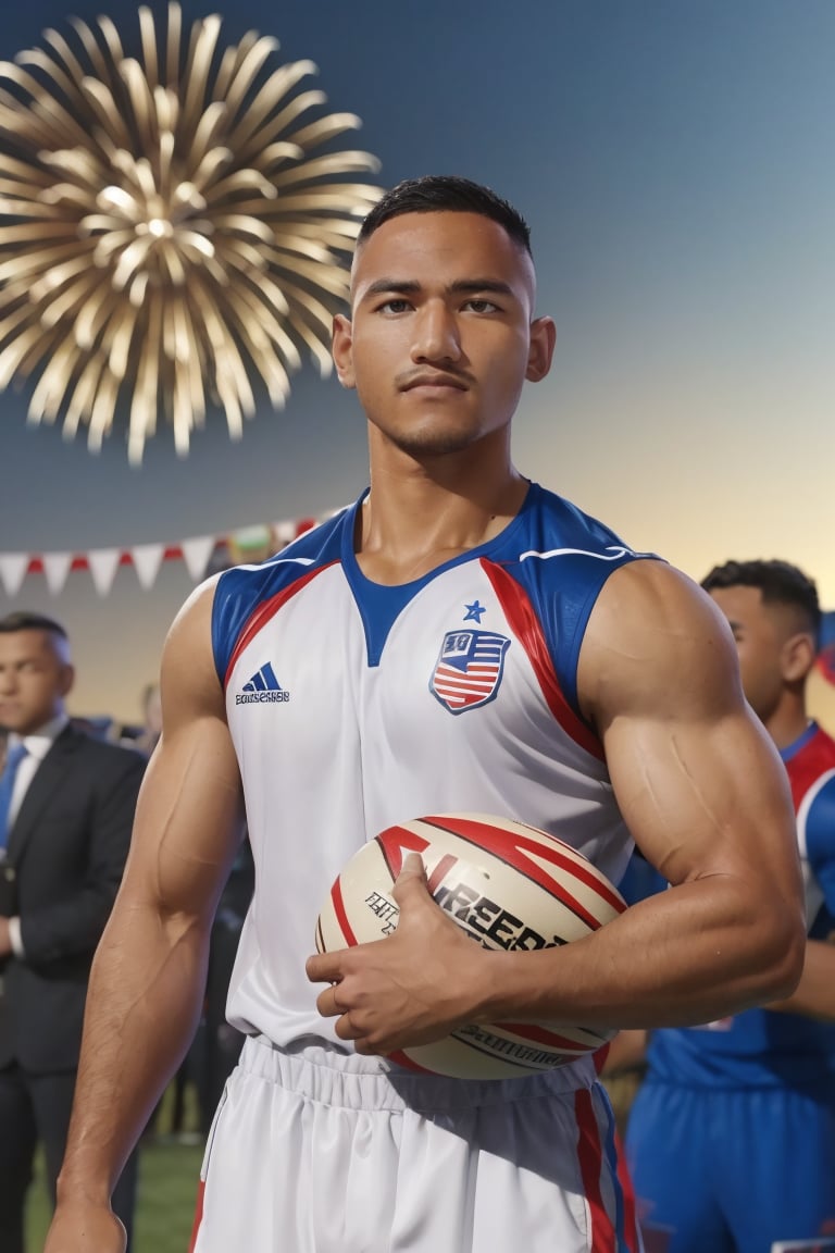 Masterpiece,Full body,Muscular 20years old,  American rugby outfit (open), at a new year party, , realistic, masterpiece, intricate details, detailed background, depth of field, ,photorealistic,  syahnk, dark tanned  skin, military hairstyles, fireworks in sky,bald, coach sports ,syahnk