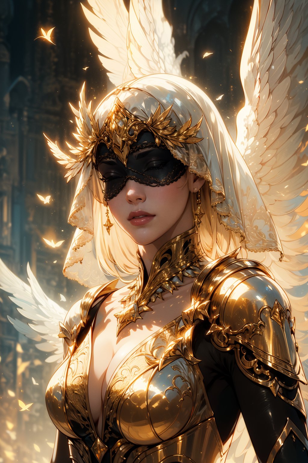 score_9,score_8_up,score_7_up, 
(masterpiece, best quality, ultra detailed), (perfect face, detailed face), (detailed background, complex background:1.2),
woman, solo, standing, looking forward, gold blindfold, veil, intricate black lace dress,gloves, elbow gloves, golden back circle,high contrast,(atmospheric perspective:1.4),oil panting, otherworldly, celestial light, angel wings, golden wings