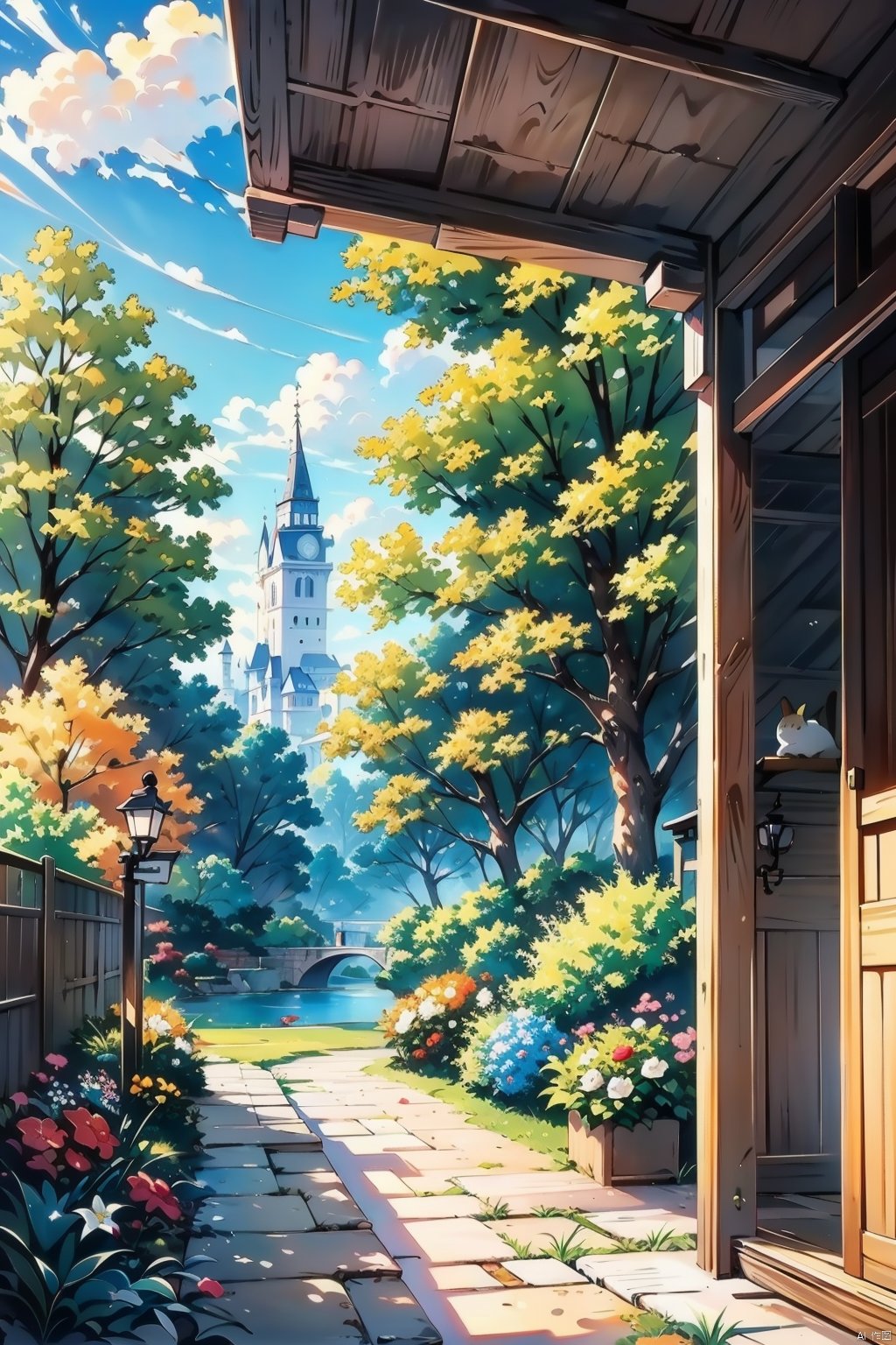 (((1cat))) in an veranda interior with trees and plants on it and flowers on the walls, ((outdoor:1.4)), tumblr, Artstation, doku-doku-kinoko, magical realism, Fairy tale, Line, magic realism, pixiv, Flower, cg society , Anime, Beatrix Potter, totorina, Subterranean, Still life, Magical girl, Animal tale, Adventure fantasy, still life, rayonism, aestheticism, Landscape, neo-romanticism, capy-shuupan, Georgette Chen, Chang Ucchin, Hidari, Jeanne-Claude, computer graphics, cgsociety, shinei-neko-hakase, uri-tan, no_human, no_humans, illustration,vector art,tshee00d,vector style