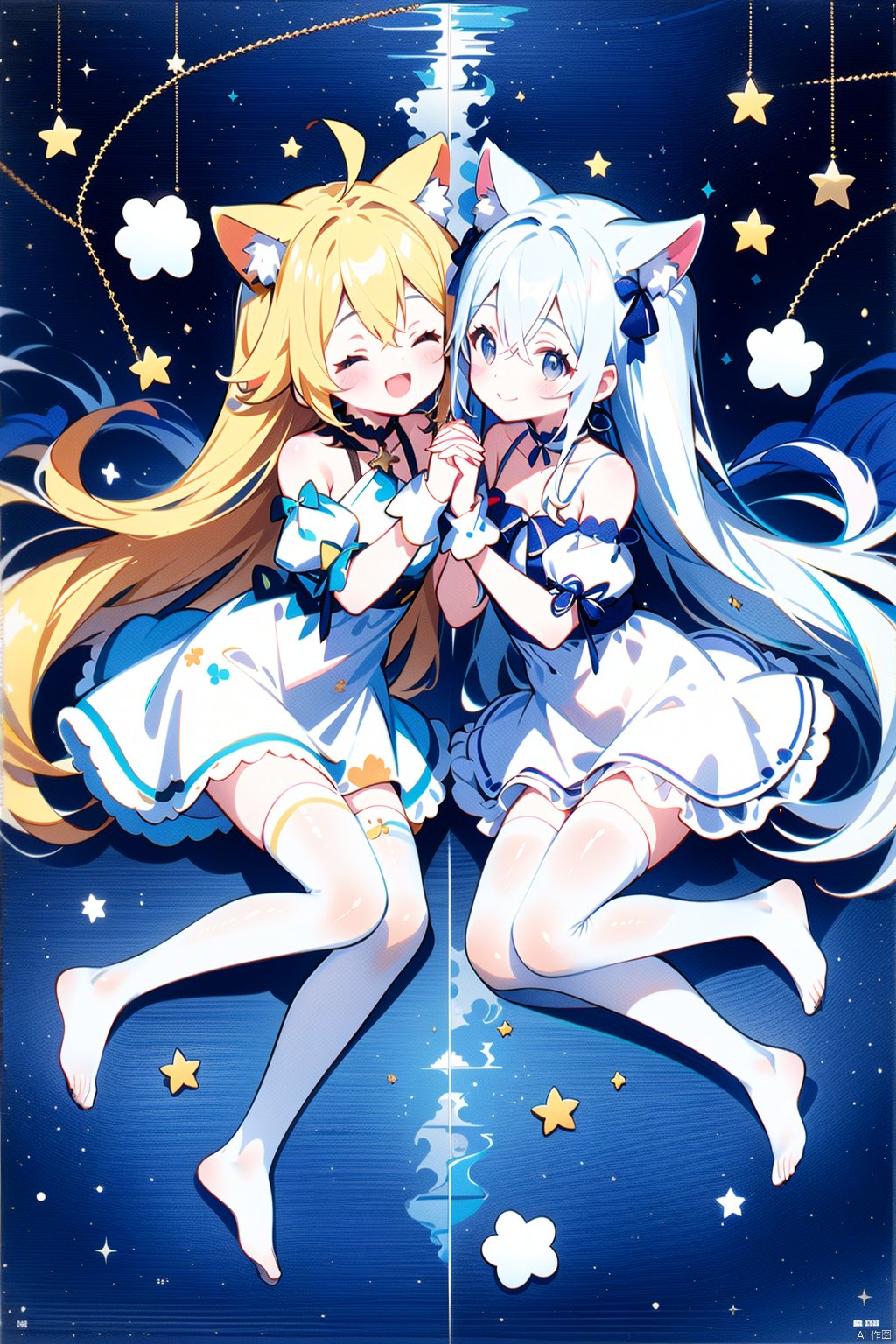  long sleeves, sleeves past wrists, closed mouth, multiple girls, 2girls, long hair, smile, animal ears, ahoge, grey eyes, detached sleeves, thighhighs, dress, closed eyes, very long hair, puffy sleeves, bare shoulders, white hair, white sleeves, white dress, white shirt, crop top, bangs, hair between eyes, hair ribbon, shirt, two side up, sleeves past fingers