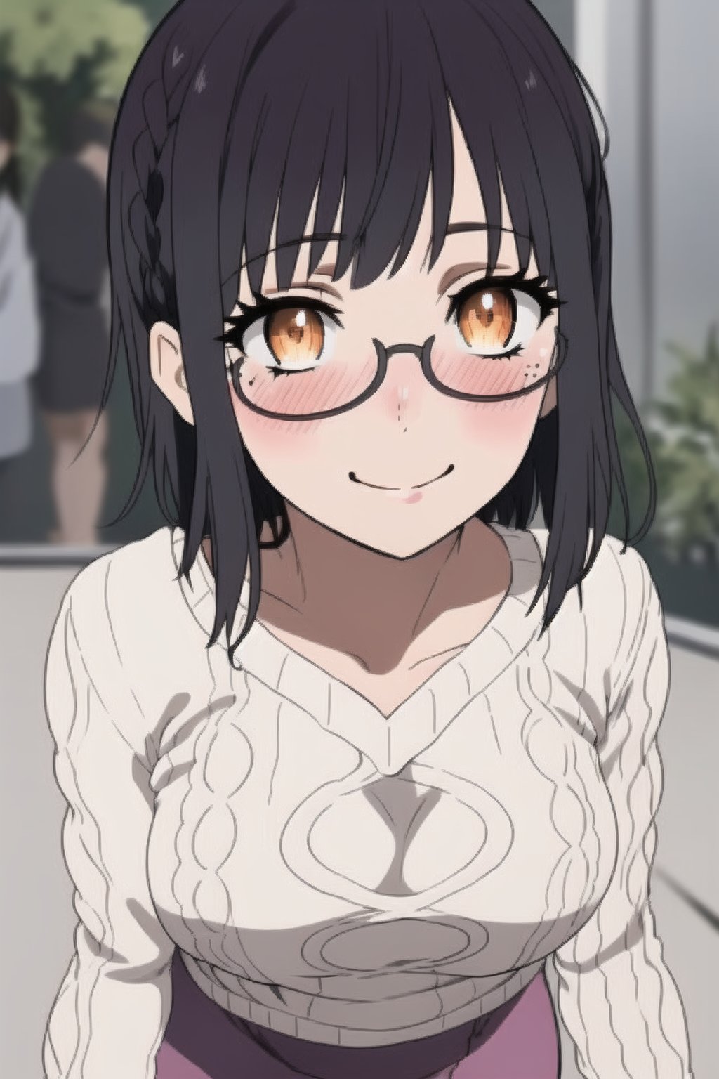 beautiful, masterpiece, best quality, extremely detailed face, masterpiece, 1girl, descensored, 1woman, best quality, ultra-detailed,short hair, black hair, orange eyes, mediun breasts,fujimiyasumika, cream sweater, short gray skirt, background park, glasses, smile, blush, wole body, 