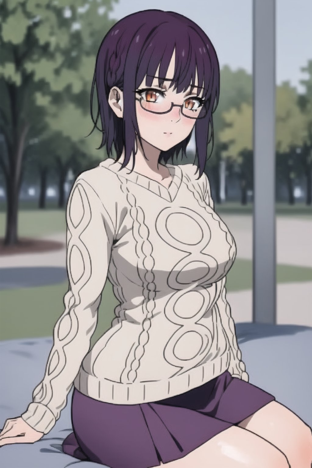 beautiful, masterpiece, best quality, extremely detailed face, masterpiece, 1girl, descensored, 1woman, best quality, ultra-detailed,short hair, violet hair, orange eyes, mediun breasts,fujimiyasumika, cream sweater, short gray skirt, background park, glasses, blush, wole body, sitting,