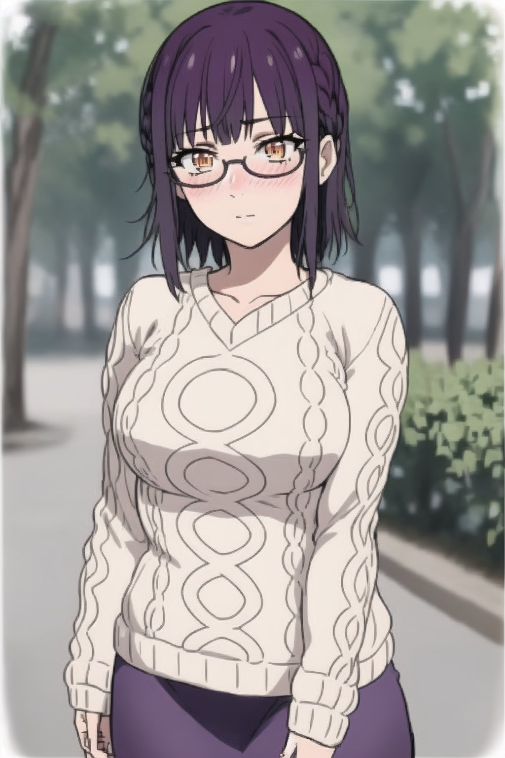 beautiful, masterpiece, best quality, extremely detailed face, masterpiece, 1girl, descensored, 1woman, best quality, ultra-detailed,short hair, violet hair, orange eyes, mediun breasts,fujimiyasumika, cream sweater, short gray skirt, background park, glasses, blush, wole body, 