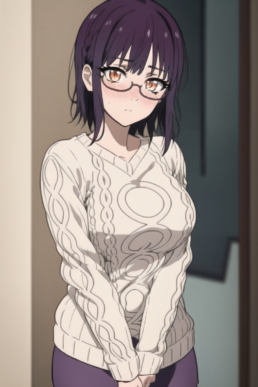 beautiful, masterpiece, best quality, extremely detailed face, masterpiece, 1girl, descensored, 1woman, best quality, ultra-detailed,short hair, violet hair, orange eyes, mediun breasts,fujimiyasumika, cream sweater, short gray skirt, background park, glasses, blush, wole body, 