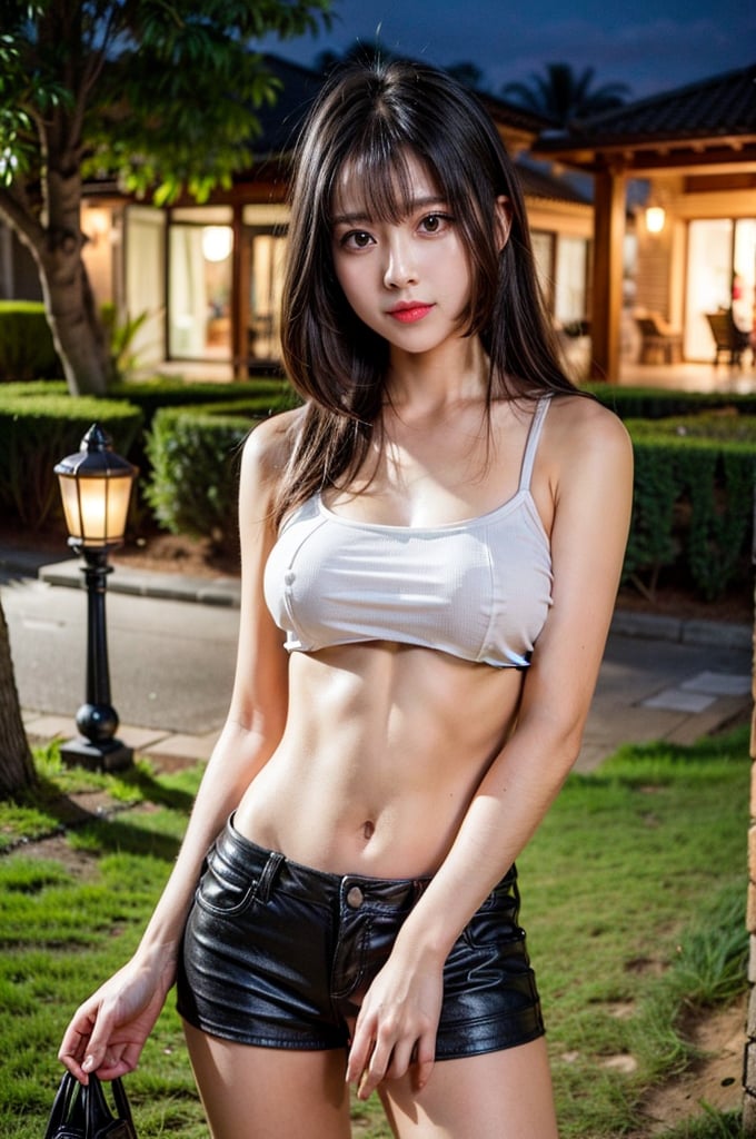 40 years old, 1girl, solo, standing pose, looking at viewer, wearing white croptop, black shorts, seductive, luxury villa, out door, night time, cinematic lighting, realistic, sharp focus, 8K HQ, depth of field, f/1.2, Leica, 8K HDR, shadows, bokeh, realistic skin pores, looking at viewer, , bololinainaiv1