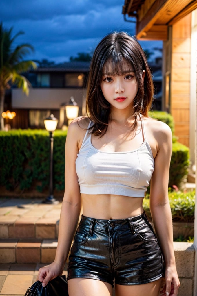 40 years old, 1girl, solo, standing pose, looking at viewer, wearing white croptop, black shorts, seductive, luxury villa, out door, night time, cinematic lighting, realistic, sharp focus, 8K HQ, depth of field, f/1.2, Leica, 8K HDR, shadows, bokeh, realistic skin pores, looking at viewer, , bololinainaiv1