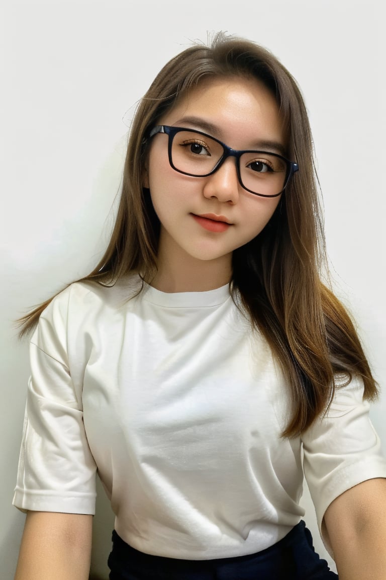 portrait of a beautiful 18 year old girl wearing casual clothes and white background, benefits of Samsung S3 Ultra photo features,High detailed ,sarahviloid,Masterpiece, eye_glasses,hij4b