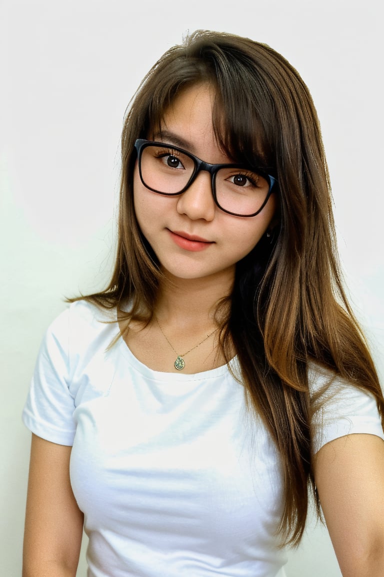 portrait of a beautiful 18 year old girl wearing casual clothes and white background, benefits of Samsung S3 Ultra photo features,High detailed ,sarahviloid,Masterpiece, eye_glasses