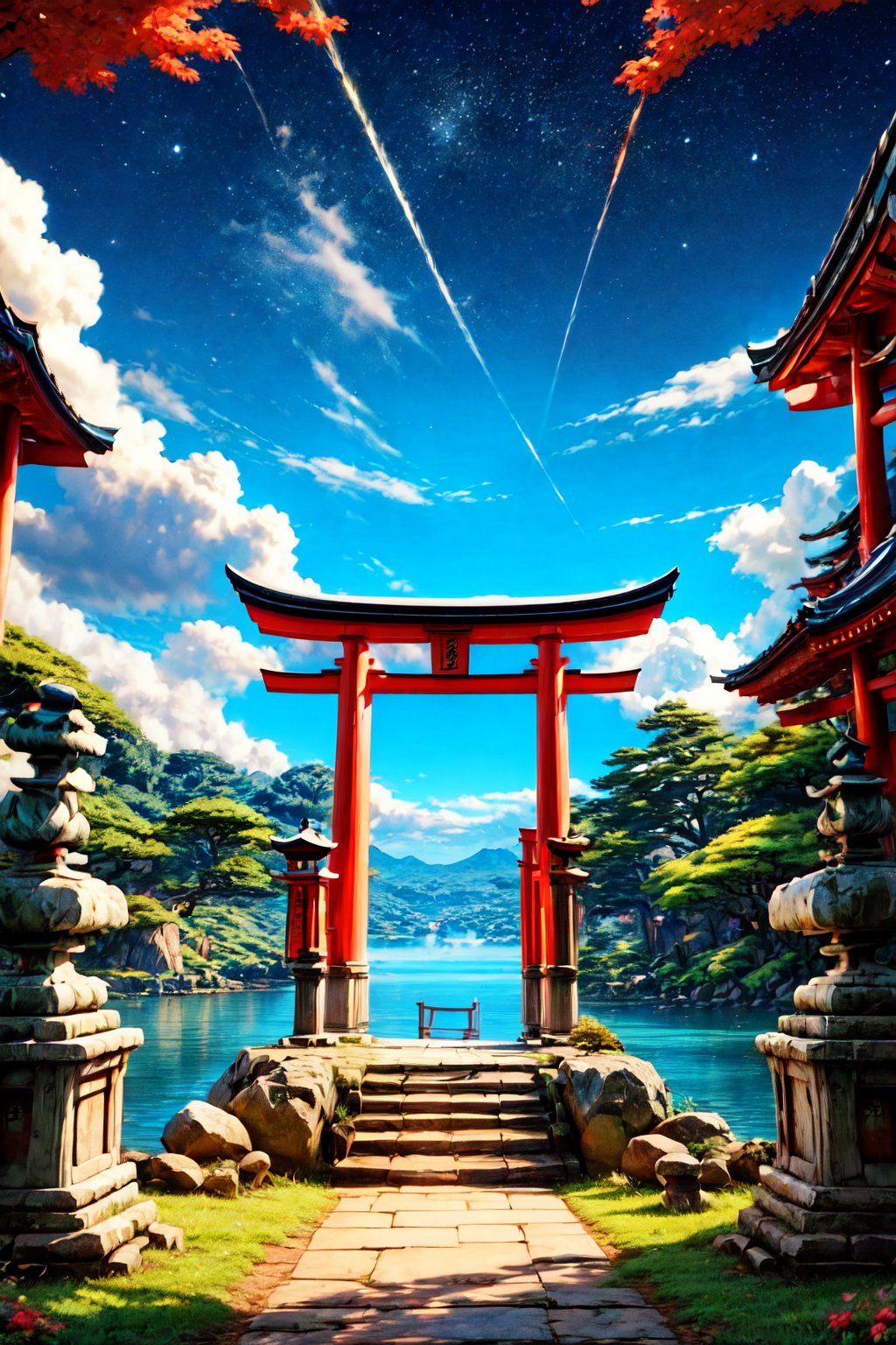 (Masterpiece, High quality), 64K, Unity 64K Wallpaper, HDR, Best Quality, RAW, Super Fine Photography, Super High Resolution, Super Detailed, Photographer's masterpiece, artist's masterpiece, by FuturEvoLab, Perfect proportions, Beautiful and Aesthetic, Stunningly beautiful, 
Pure scenery, (torii), Japanese scenery, Japanese shrine, night sky, gorgeous starry sky, brilliant lake,