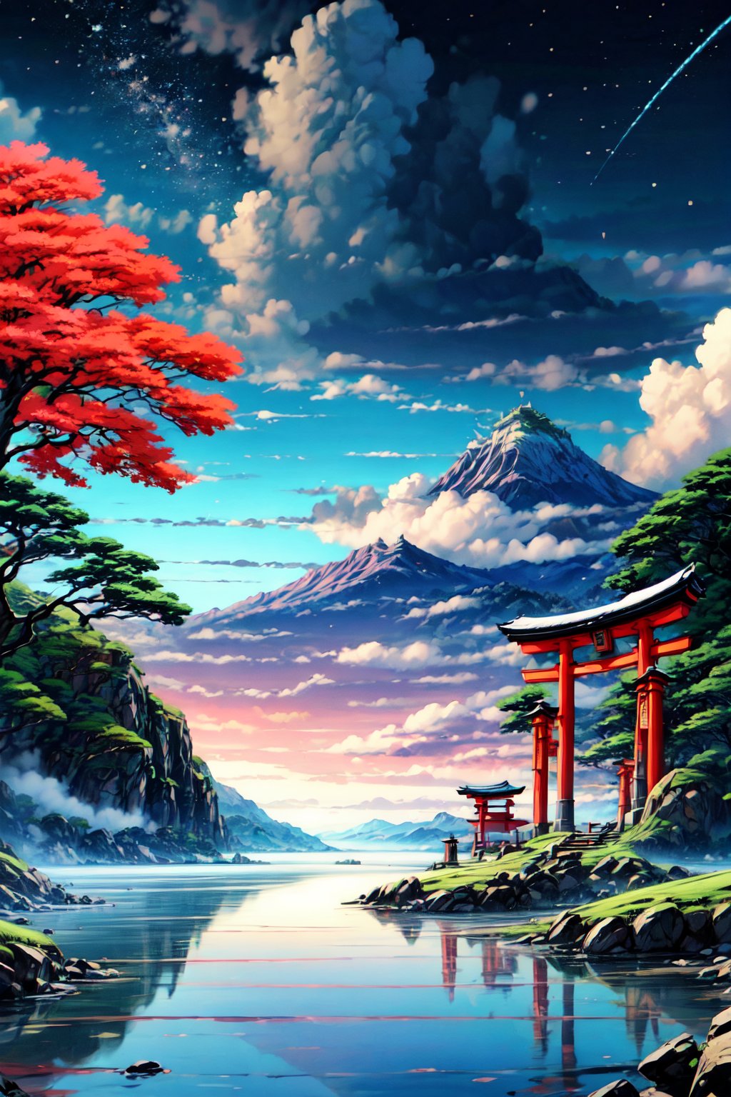 (Masterpiece, High quality), 64K, Unity 64K Wallpaper, HDR, Best Quality, RAW, Super Fine Photography, Super High Resolution, Super Detailed, Photographer's masterpiece, artist's masterpiece, by FuturEvoLab, Perfect proportions, Beautiful and Aesthetic, Stunningly beautiful, 
Japanese scenery, Japanese shrine, torii gate, night sky, gorgeous starry sky, brilliant lake,