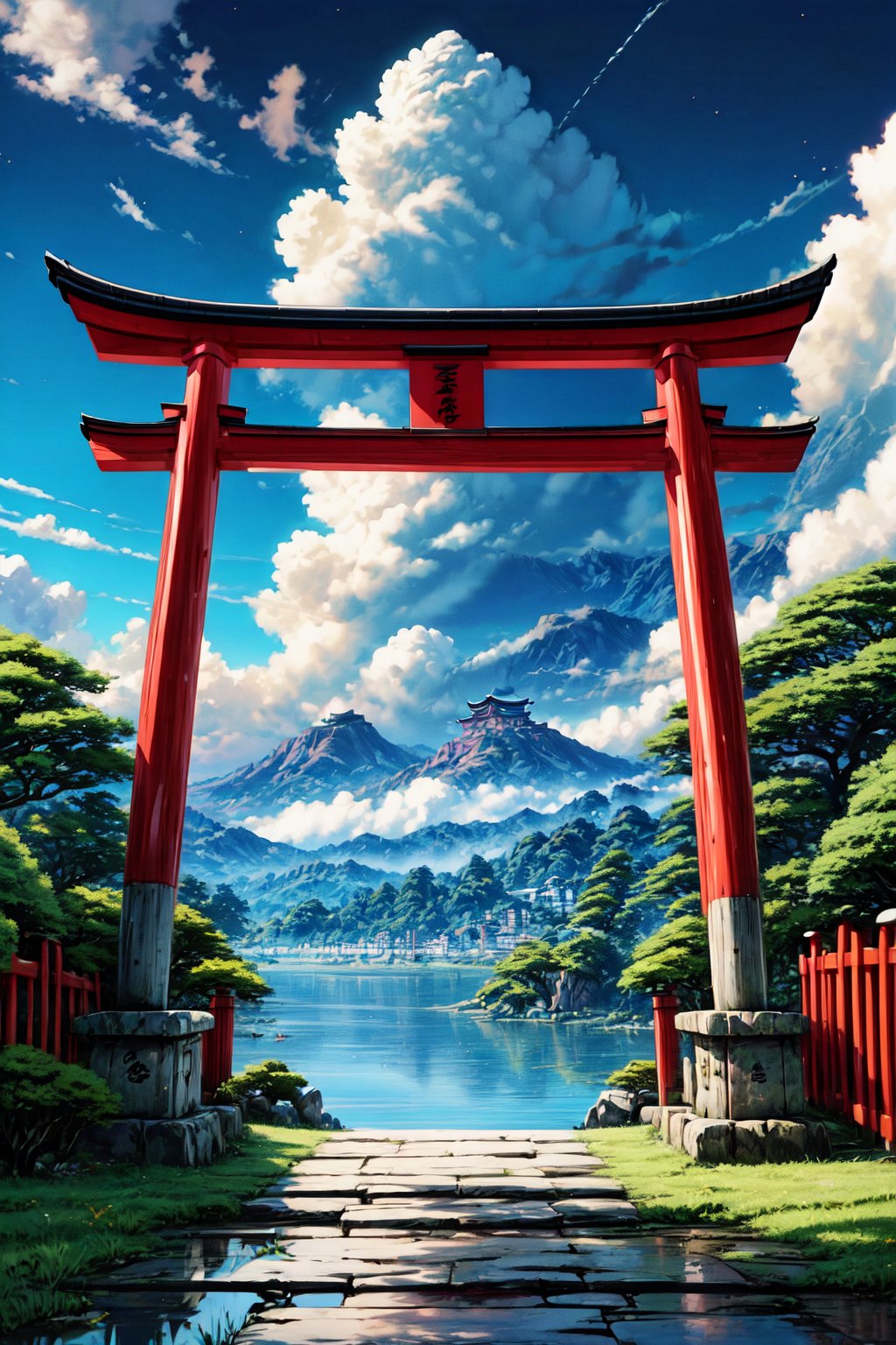 (Masterpiece, High quality), 64K, Unity 64K Wallpaper, HDR, Best Quality, RAW, Super Fine Photography, Super High Resolution, Super Detailed, Photographer's masterpiece, artist's masterpiece, by FuturEvoLab, Perfect proportions, Beautiful and Aesthetic, Stunningly beautiful, 
Pure scenery, (torii), Japanese scenery, Japanese shrine, night sky, gorgeous starry sky, brilliant lake,