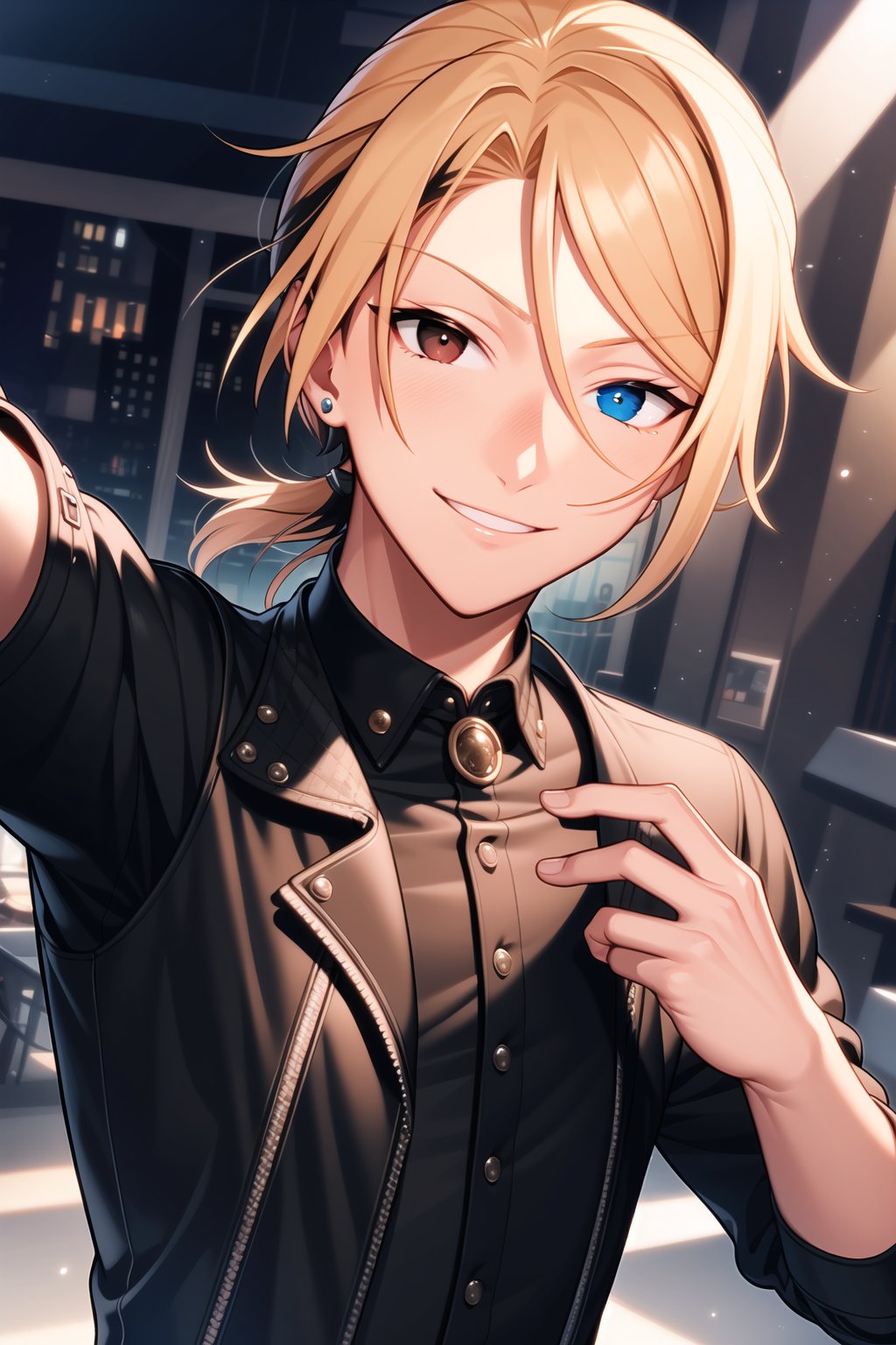 masterpiece, best quality, Looking at viewer, 1boy, solo, male,smile, light ray, upper_body,leonardo_wright_jr, blonde hair, (black eyes:1.2), (blue eyes),Heterochromia, low ponytail,  Selfie, closed eyes,