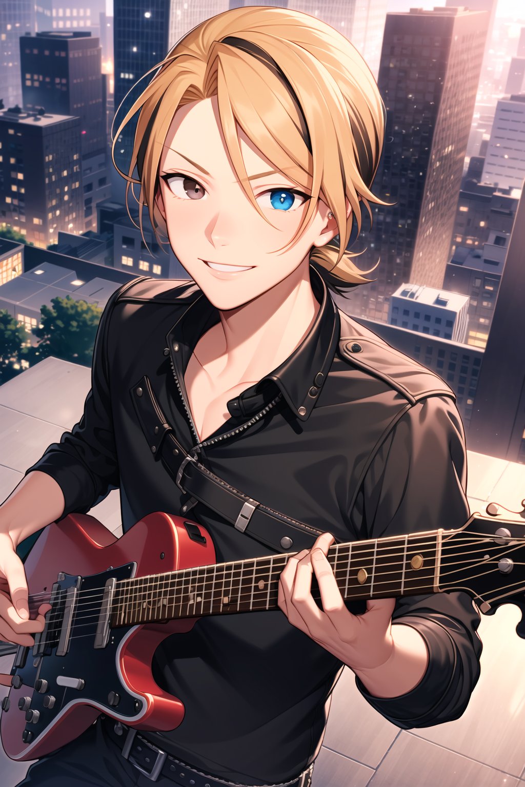 masterpiece,  best quality,  Looking at viewer,  1boy,  solo,  male, smile,  light ray,  upper_body, leonardo_wright_jr,  blonde hair,  (black eyes:1.2),  (blue eyes), Heterochromia,  low ponytail,  holding electric guitar,  city,  from above,<lora:EMS-256698-EMS:0.700000>