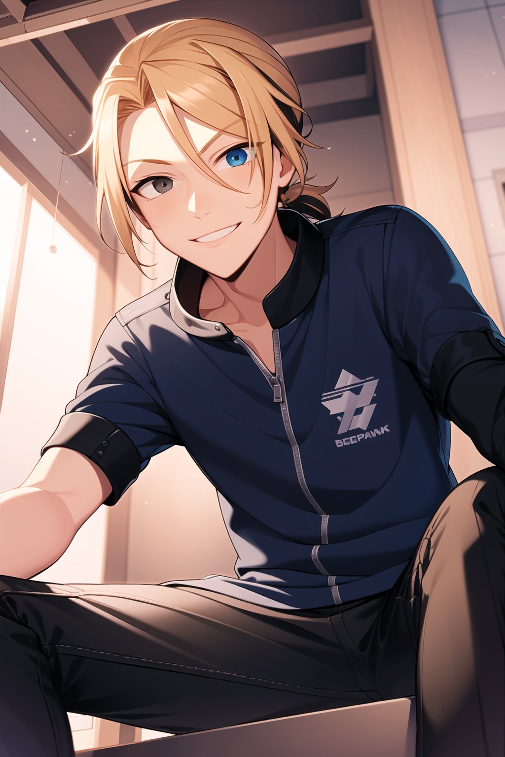 masterpiece, best quality, Looking at viewer, 1boy, solo, male,smile, light ray, upper_body,leonardo_wright_jr, blonde hair, (black eyes:1.2), (blue eyes),Heterochromia, low ponytail,   from below, sitting,