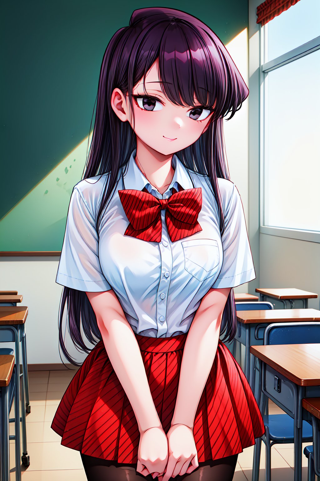 1girl, cowboy shot, standing, classroom, light smile, komi_shouko, black eyes, black hair, long hair, bangs, bowtie, school uniform, white shirt, striped, red skirt, black pantyhose, <lora:komi_shouko_lora_ver2:0.7>, best quality, masterpiece, highres, <lora:GoodHands-vanilla:1>