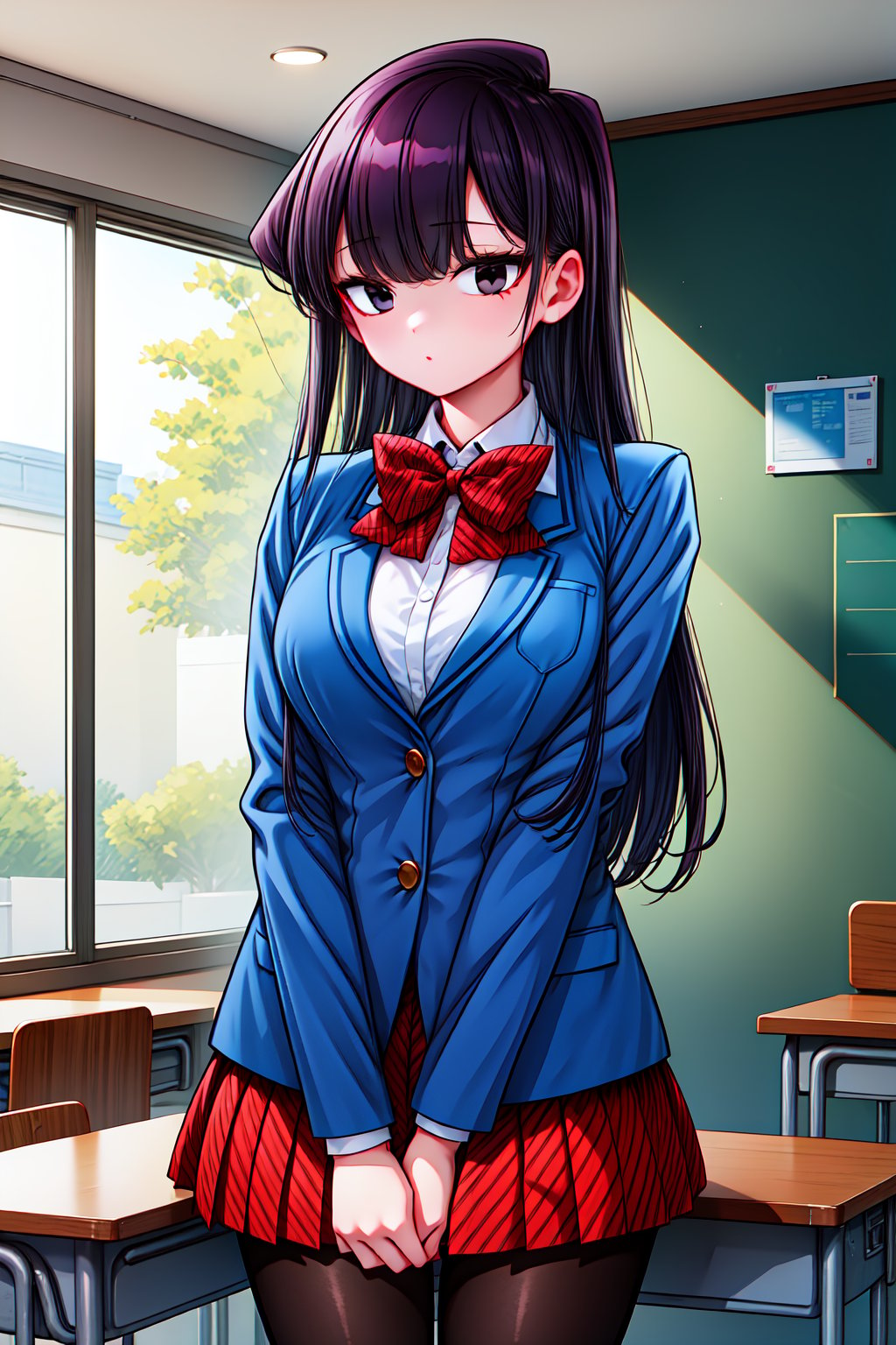 1girl, cowboy shot, standing, classroom, komi_shouko, black eyes, black hair, long hair, bangs, bowtie, school uniform, blue jacket, blazer, white shirt, striped, red skirt, black pantyhose, <lora:komi_shouko_lora_ver2:0.7>, best quality, masterpiece, highres, <lora:GoodHands-vanilla:1>