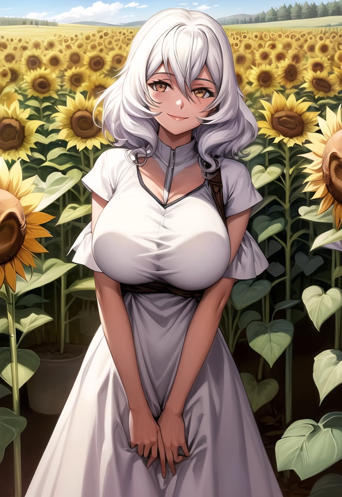  Looking to viewer, 1girl, solo, large breast, Altria Grem, wearing a sheer white summers dress, sunflower field, smiling