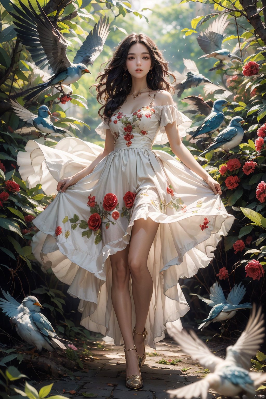  Surrealist photography, full body, (1 girl), long curly hair, embroidered dress, female focus, surrealist characters, (bird: 1.2), birds, roses, balloons, surrounded by birds, forest background, masterpiece, details, depth of field,FeiNiao