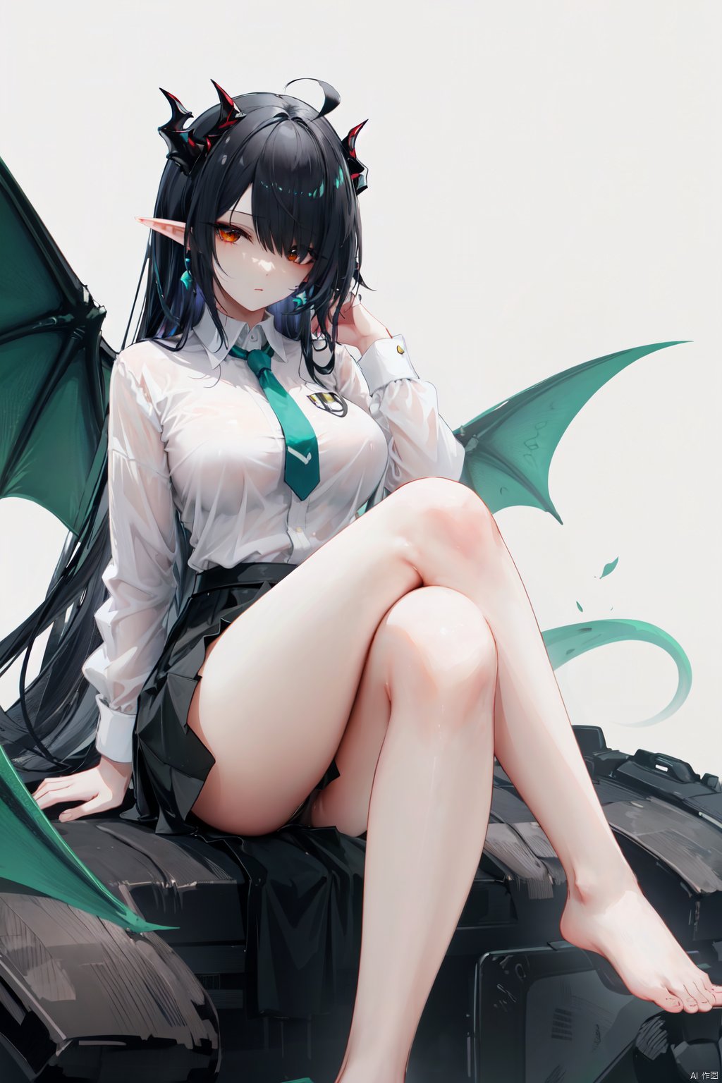 1girl, dusk \(arknights\), horns, solo, barefoot, feet, black hair, long hair, pointy ears, hair over one eye, toes, shirt, tail, breasts, white shirt, legs, looking at viewer, crossed legs, large breasts, sitting, jewelry, very long hair, colored skin, bare legs, dragon horns, earrings, skirt, red eyes, thighs, long sleeves, green hair, multicolored hair, green skin, dragon girl, ahoge, dragon tail, necktie, full body, tassel earrings, soles, simple background, orange eyes