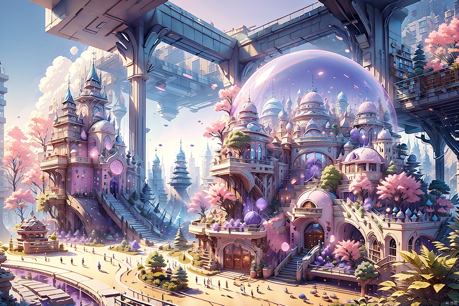 Dream, cake castle, (pink, purple, white), brick-like texture design, chocolate chips, icing, chocolate chains, exquisite windows and doors, beautiful textures, gardens, trees, shrubs, 8k, high quality, top CG, highest picture quality, best work, movie lighting, cool lighting effects, special effects, masterpieces, best quality, extreme details, illustrations, ultra-high definition, ultra-fine sections, 8k resolution, ultra-high resolution, best picture quality, high detail, master level, detail level