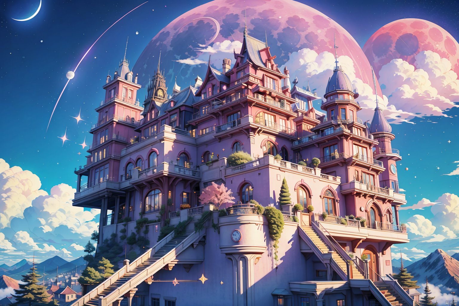 a castle with a pink staircase going up to it and a moon in the sky above it and a pink staircase going up to it, above clouds, architecture, building, castle, chimney, city, city lights, cityscape, clock, clock tower, cloud, cloudy sky, constellation, crescent moon, earth \(planet\), full moon, galaxy, horizon, house, milky way, moon, moonlight, mountain, mountainous horizon, night, night sky, no humans, outdoors, planet, purple sky, red moon, rooftop, scarlet devil mansion, scenery, shooting star, sky, skyline, skyscraper, space, star \(sky\), starry sky, sun, tower