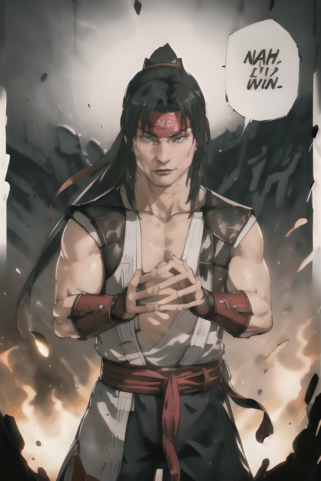 NahIdWin , Speech bubble ,, Looking at viewer, english text,liu kang,mklkng, mortal Kombat 