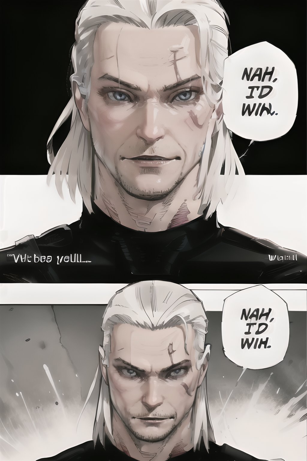 NahIdWin , Speech bubble ,, Looking at viewer, english text,geralt_soul3142