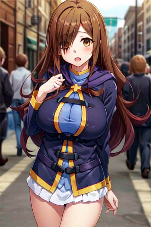 chromatic aberration, depth of field, soft lighting, masterpiece, best quality, WizKonosuba, 1girl, solo, long hair, looking at viewer, blush, smile, large breasts, brown hair, long sleeves,(on street:1.1), :o,