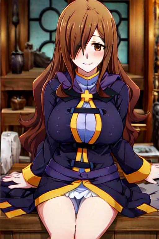 chromatic aberration, depth of field, soft lighting, masterpiece, best quality, WizKonosuba, 1girl, long hair, looking at viewer, blush, smile, large breasts, brown hair, sitting, pov