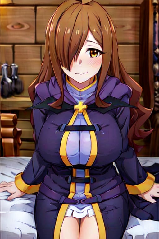 chromatic aberration, depth of field, soft lighting, masterpiece, best quality, WizKonosuba, 1girl, long hair, looking at viewer, blush, :}, large breasts, brown hair, robe, , cross, ahoge, pov, (on bed:1.3), sitting, (wooden wall on background:1.3)