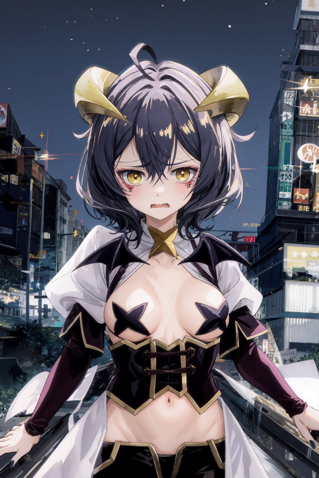 magiabaiser, portrait, short hair, black hair, ahoge, bangs, hair between eyes, demon horns, yellow eyes, symbol-shaped pupils, wings, black nails, corset, long pants, lowleg pants, puffy sleeves, navel, star pasties, floating, angry, city, night <lora:magia_baiser-v2:0.85>